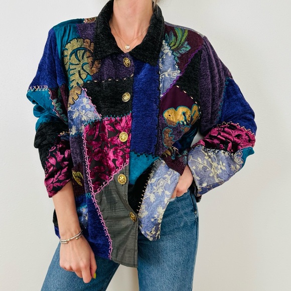 Vintage Tapestry Patch Velour Knit Gold Button Jacket boho quilted - Picture 4 of 10
